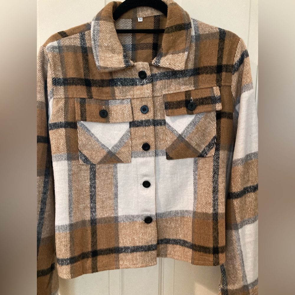 Plaid flannel, wool-blend cropped jacket